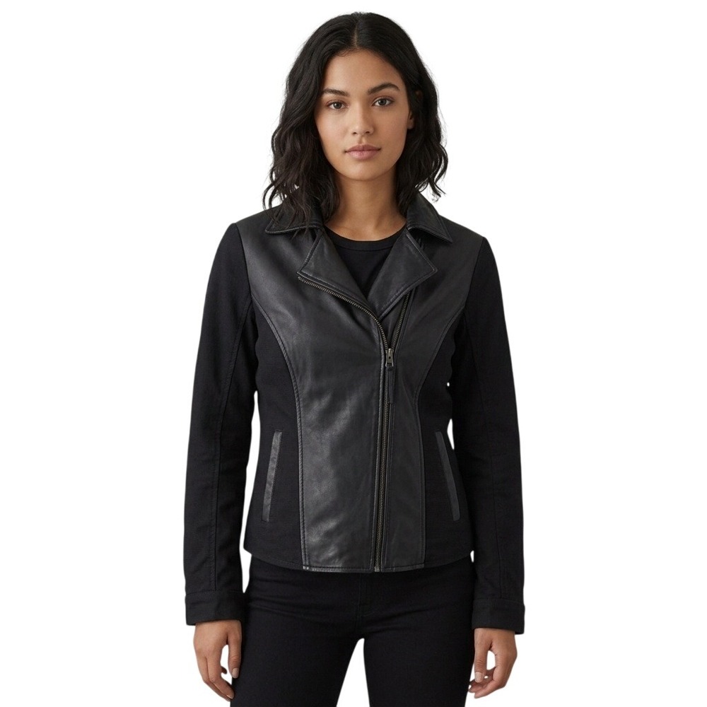 Lucky Brand Jacket Women's Size Small Black Lamb Leather Mixed Media Moto Coat